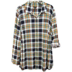 Talbots Woman Multicolor Plaid Button Up Top Size 2X Roll Tab Sleeve Rayon